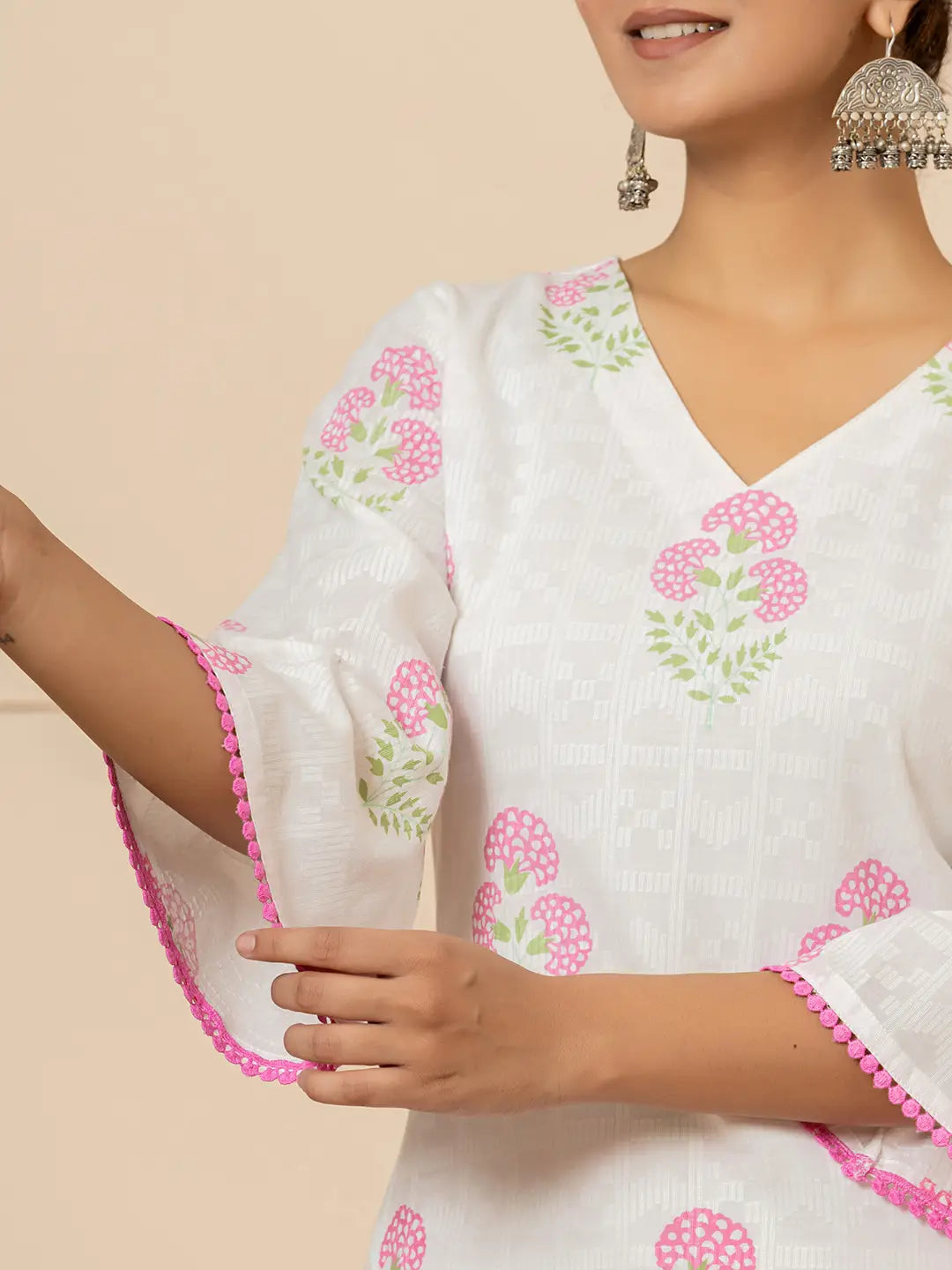 White And Pink Cotton Floral Print Kurta Dupatta Set-Yufta Store-6009SKDPKS