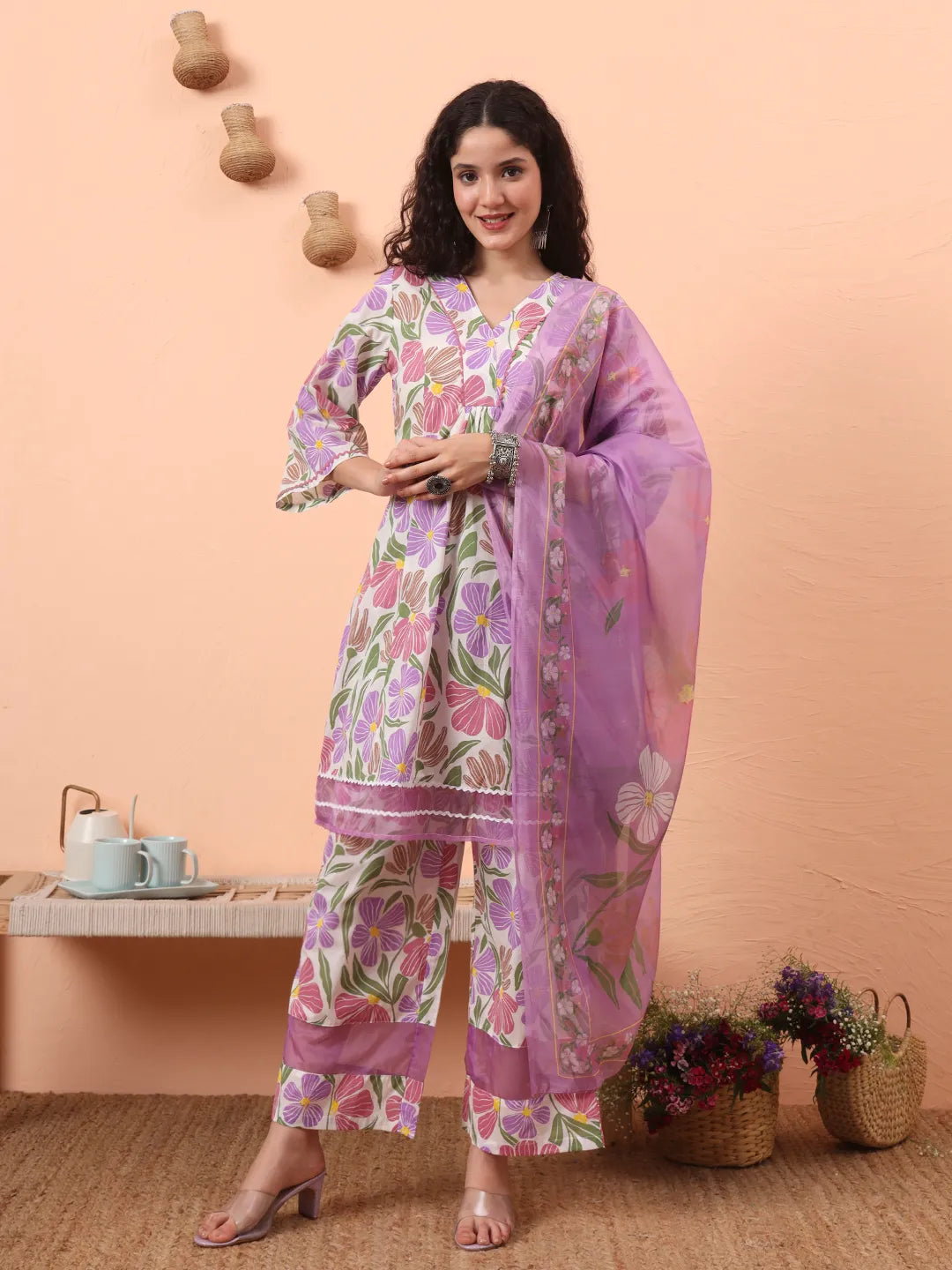 White And Purple Floral Print Lace Work A-Line Kurta Trouser Dupatta Set