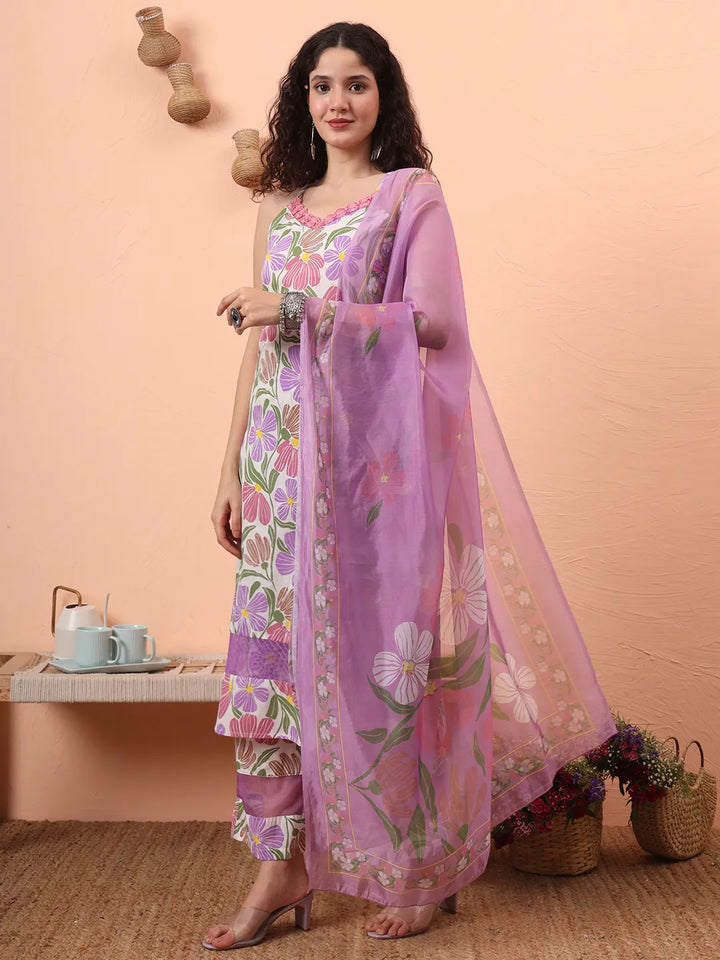 White And Purple Floral Print Lace Work Straight Kurta Trouser Dupatta Set