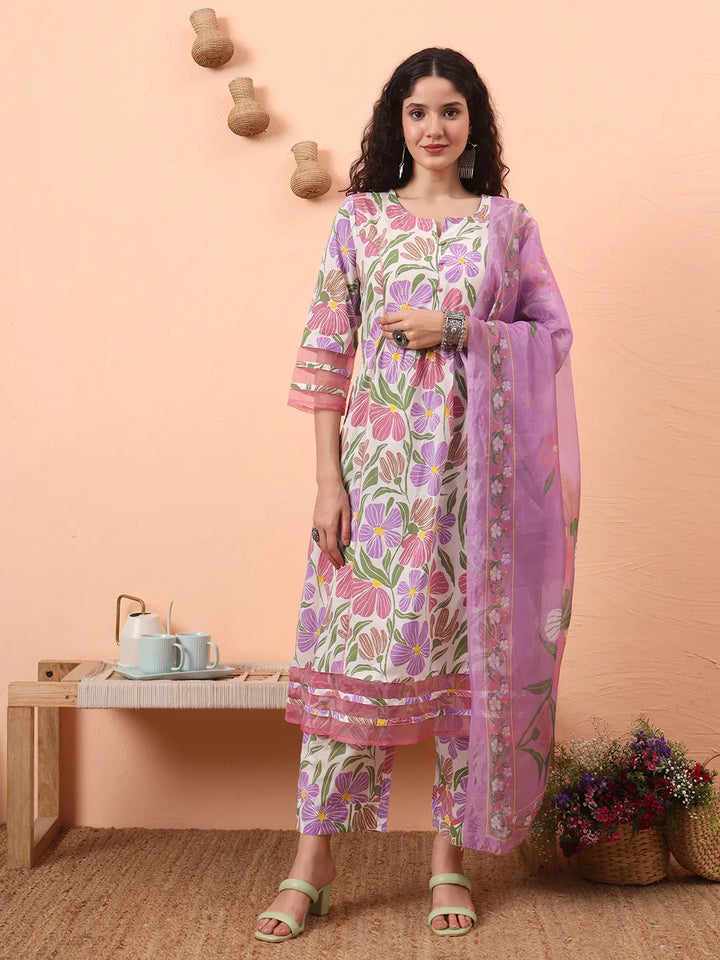 White And Purple Floral Sequins Work Aline Kurta Trouser Dupatta Set