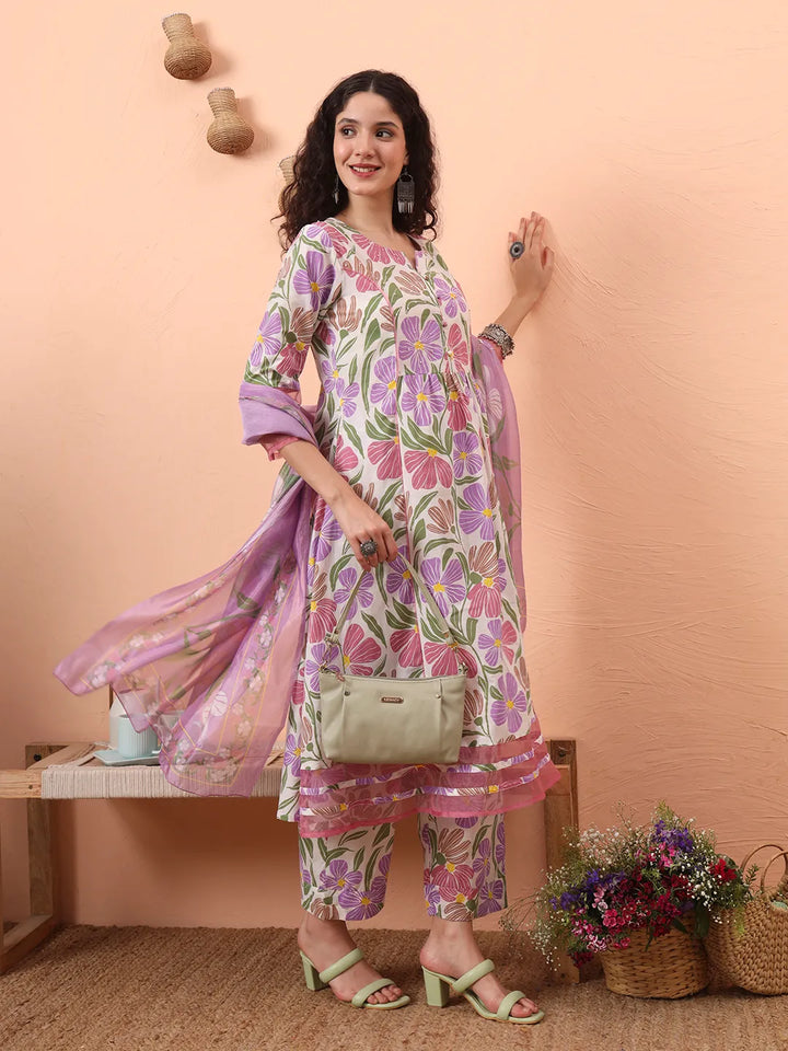 White And Purple Floral Sequins Work Aline Kurta Trouser Dupatta Set