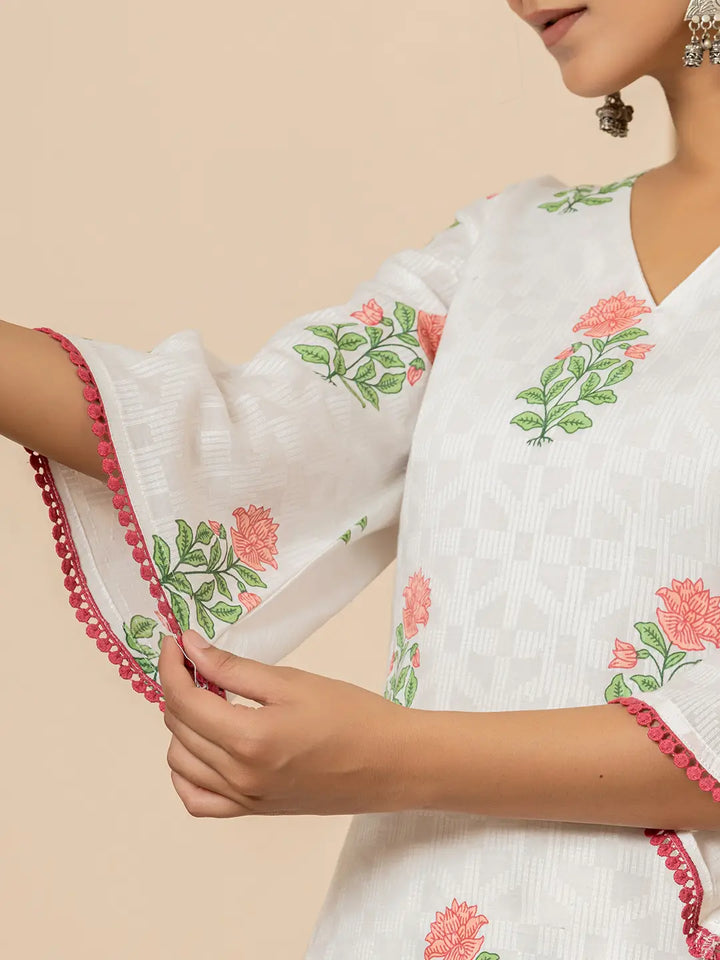 White And Red Cotton Floral Print Kurta Dupatta Set-Yufta Store-6009SKDRDS