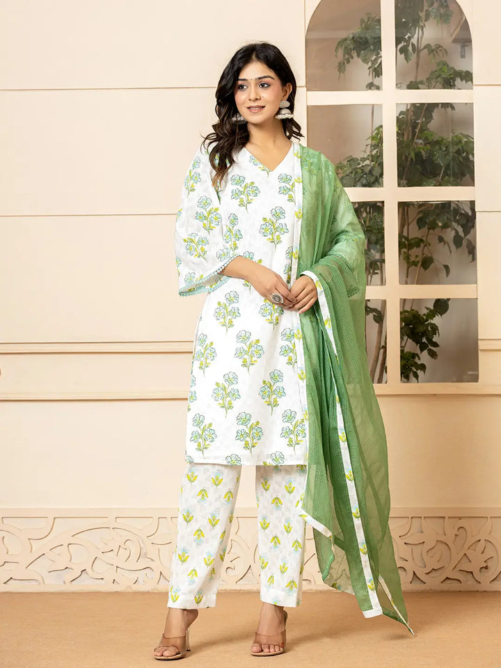 White And Teal Blue Cotton Floral Print Kurta Dupatta Set-Yufta Store-6009SKDTBS