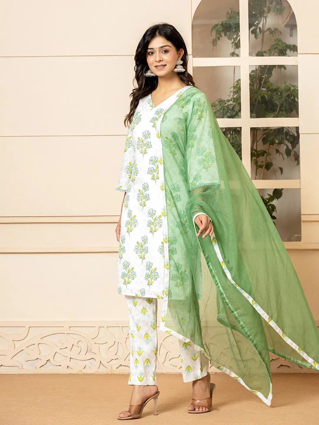 White And Teal Blue Cotton Floral Print Kurta Dupatta Set-Yufta Store-6009SKDTBS