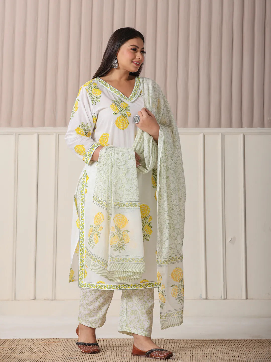 White And Yellow Cotton Sequins_Work Plus Size Kurta Set With Pant & Dupatta-Yufta Store-6234PSKDWH3XL