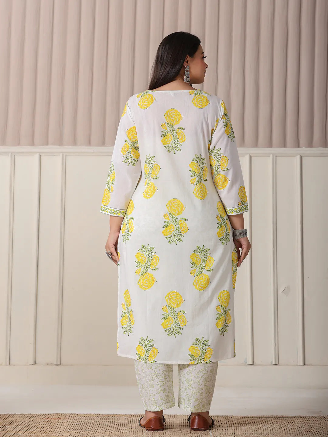 White And Yellow Cotton Sequins_Work Plus Size Kurta Set With Pant & Dupatta-Yufta Store-6234PSKDWH3XL