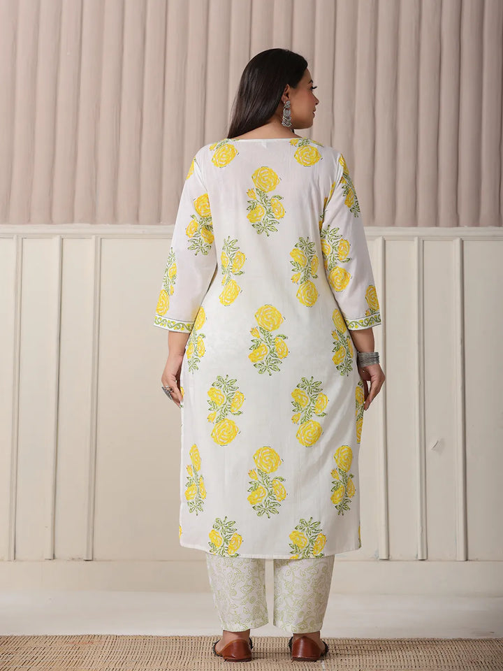White And Yellow Cotton Sequins_Work Plus Size Kurta Set With Pant & Dupatta-Yufta Store-6234PSKDWH3XL