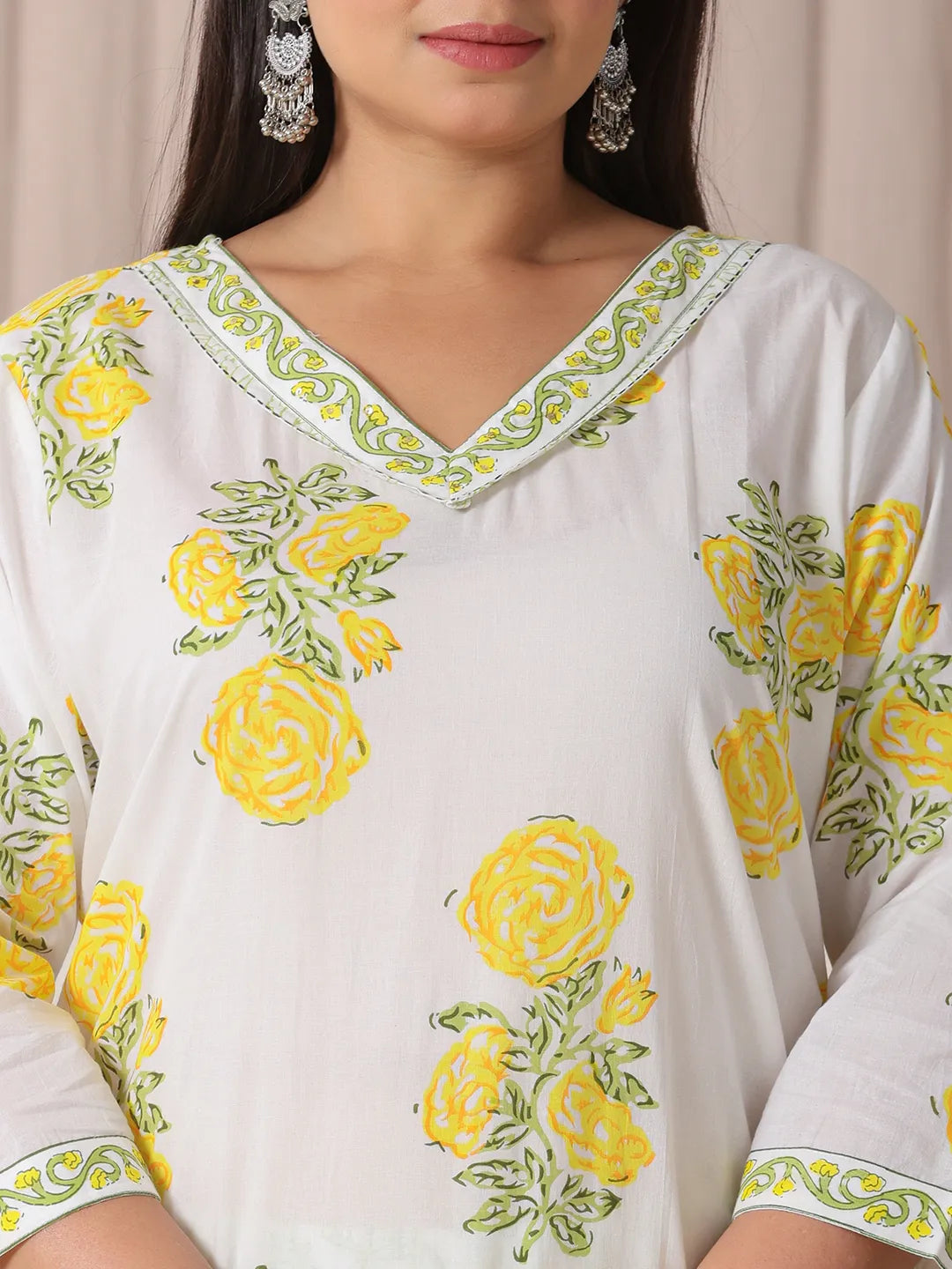 White And Yellow Cotton Sequins_Work Plus Size Kurta Set With Pant & Dupatta-Yufta Store-6234PSKDWH3XL
