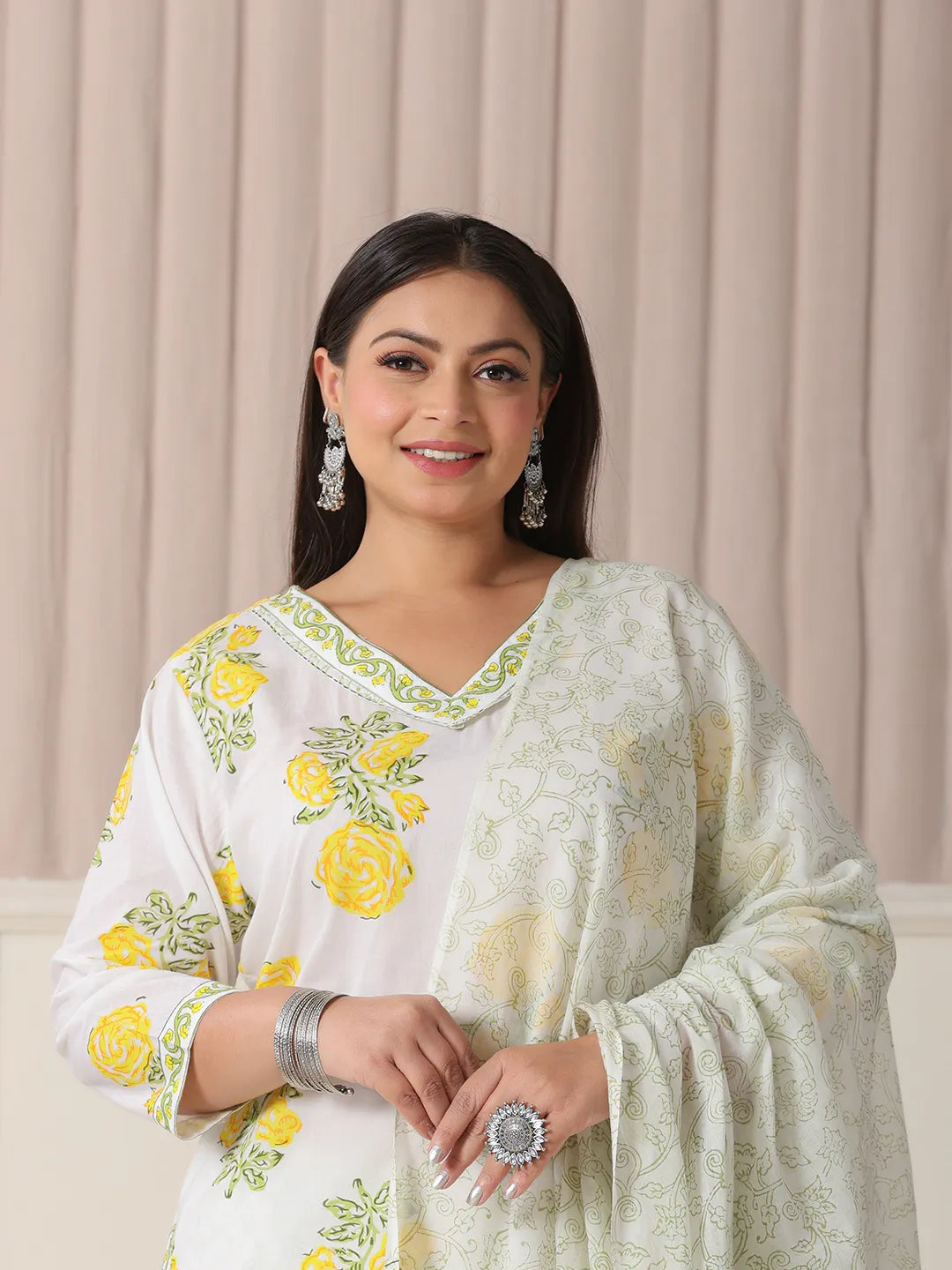 White And Yellow Cotton Sequins_Work Plus Size Kurta Set With Pant & Dupatta-Yufta Store-6234PSKDWH3XL