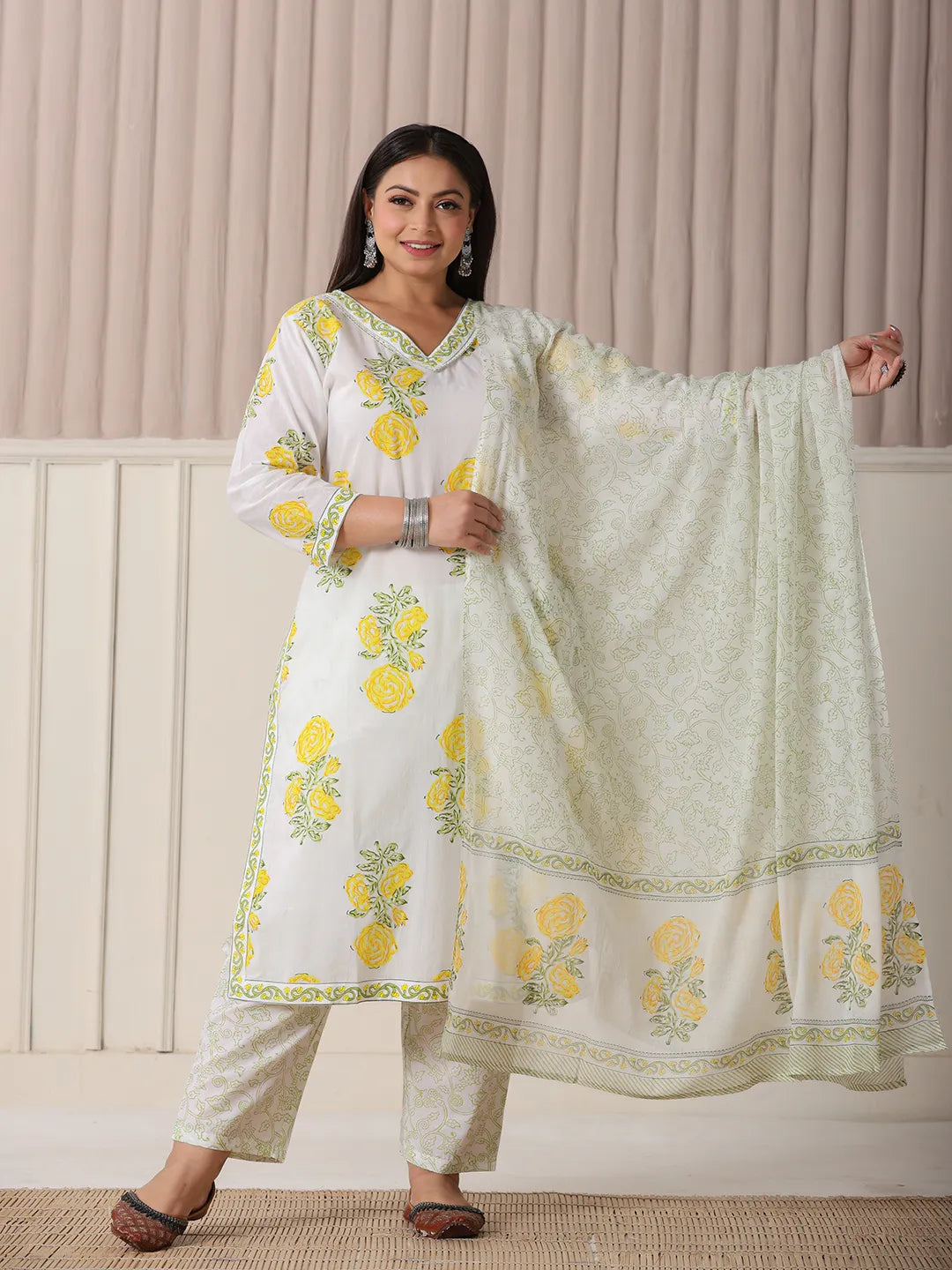 White And Yellow Cotton Sequins_Work Plus Size Kurta Set With Pant & Dupatta-Yufta Store-6234PSKDWH3XL