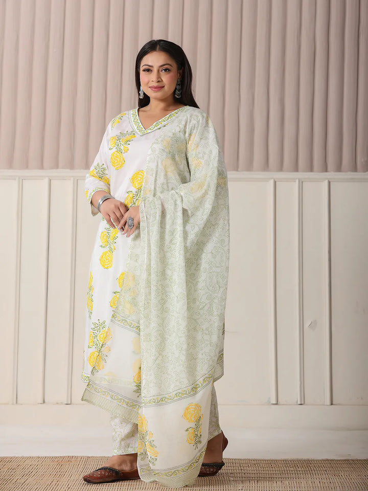 White And Yellow Cotton Sequins_Work Plus Size Kurta Set With Pant & Dupatta-Yufta Store-6234PSKDWH3XL