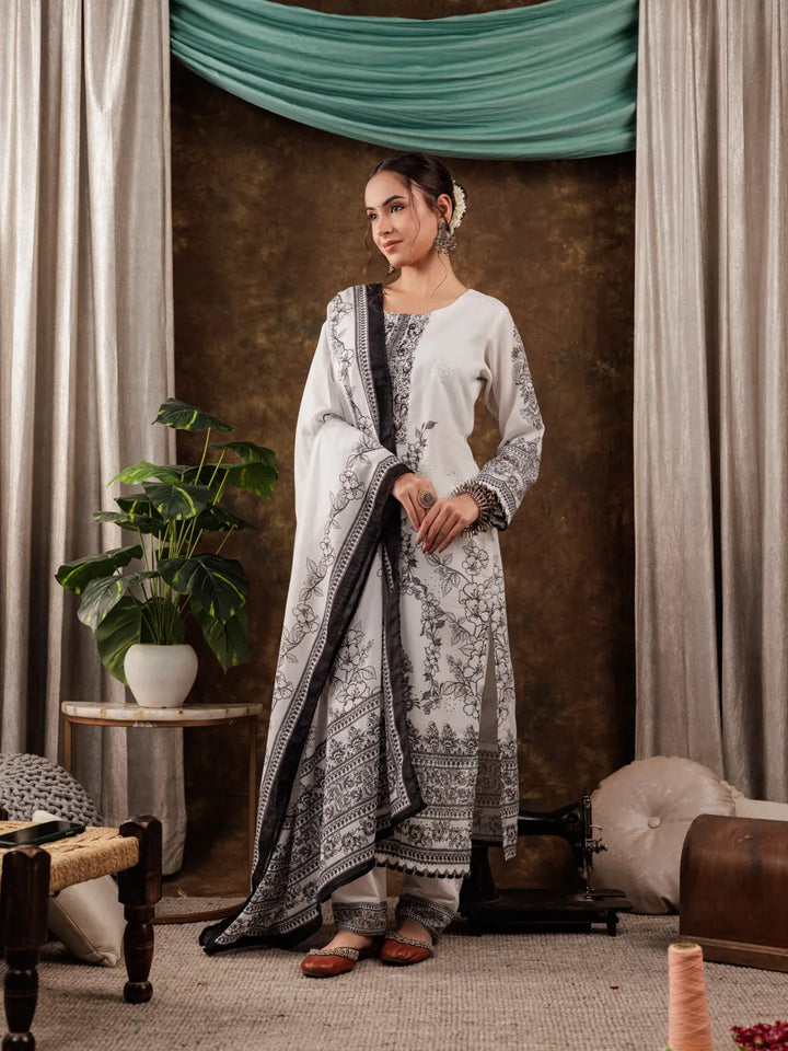 White Cotton Ethnic Motifs Straight Kurta Dupatta Pant Set-Yufta Store-7087SKDWHS