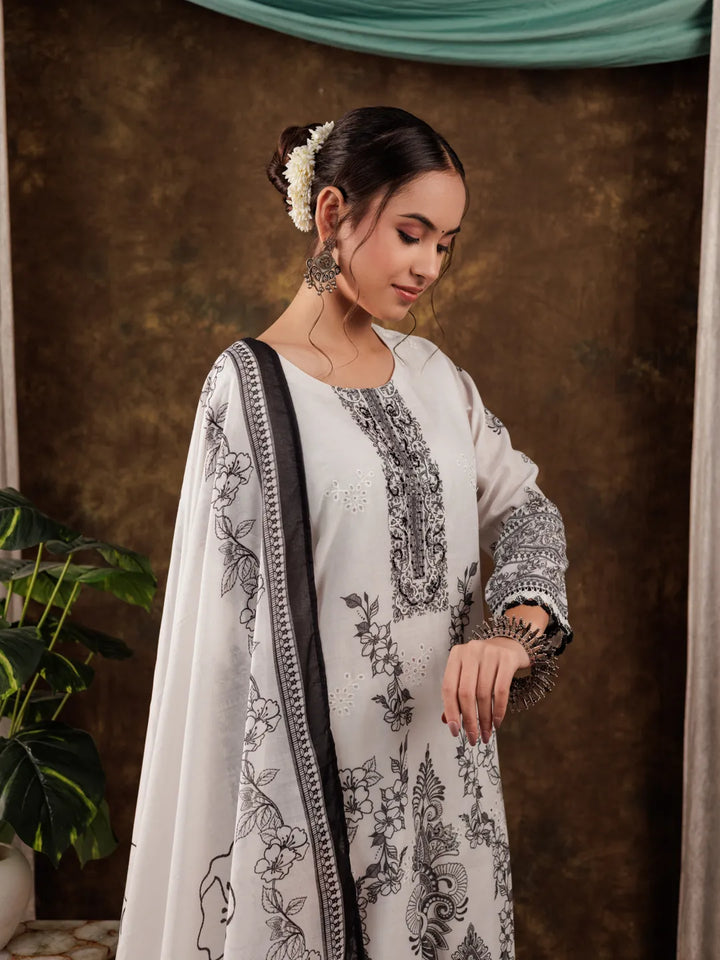 White Cotton Ethnic Motifs Straight Kurta Dupatta Pant Set-Yufta Store-7087SKDWHS