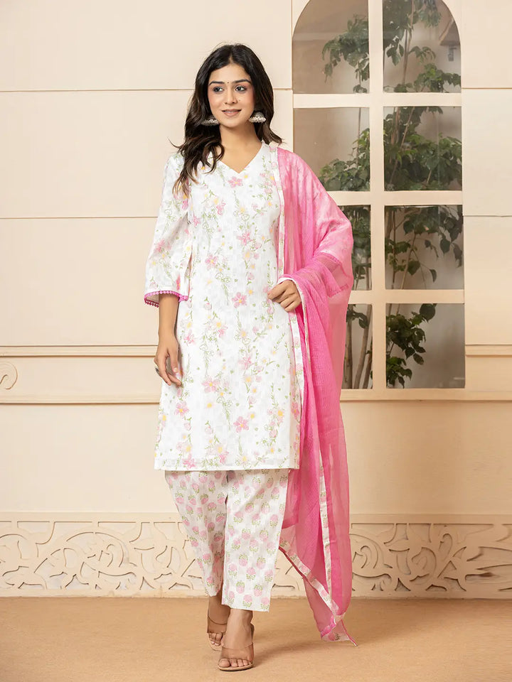 White Cotton Floral Print Kurta Dupatta Set-Yufta Store-6009SKDWHS