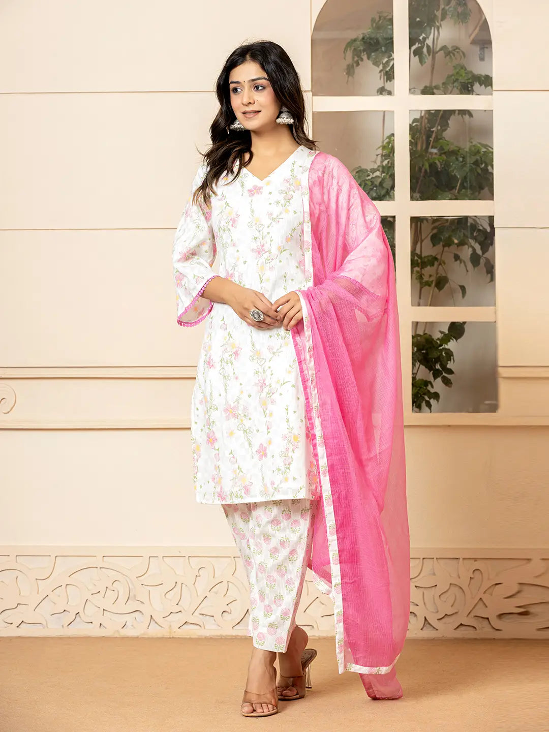 White Cotton Floral Print Kurta Dupatta Set-Yufta Store-6009SKDWHS