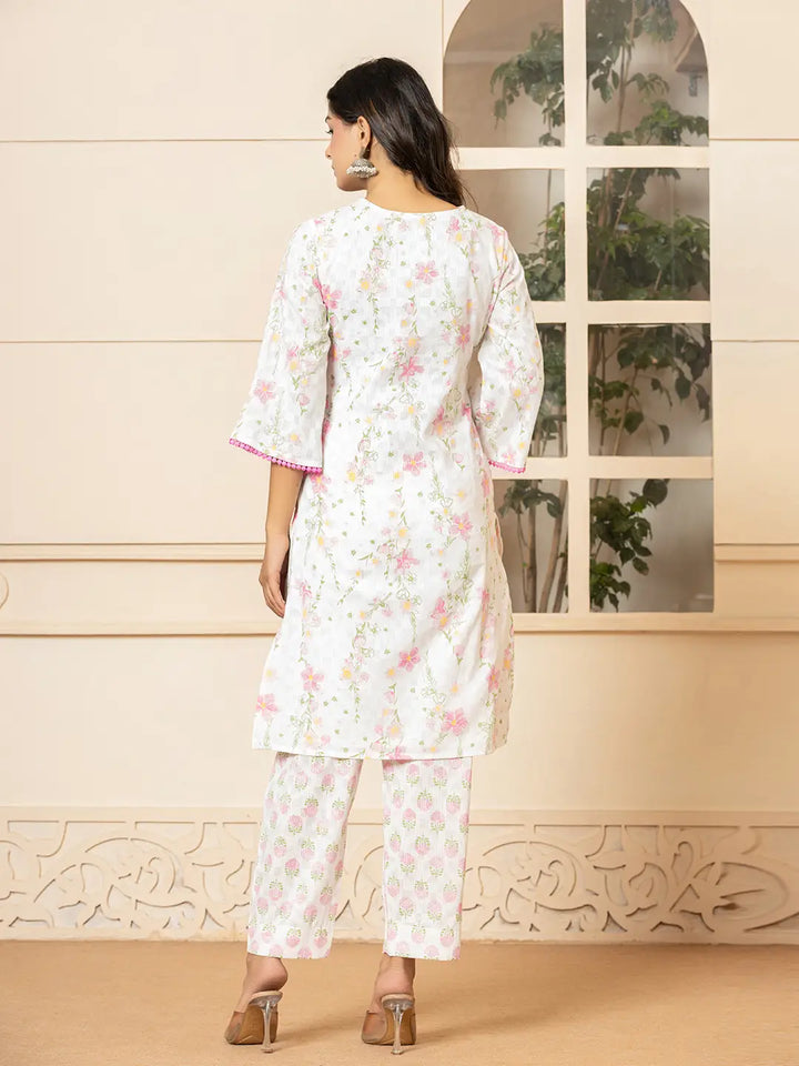 White Cotton Floral Print Kurta Dupatta Set-Yufta Store-6009SKDWHS