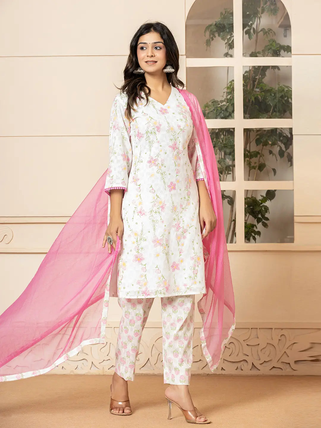 White Cotton Floral Print Kurta Dupatta Set-Yufta Store-6009SKDWHS