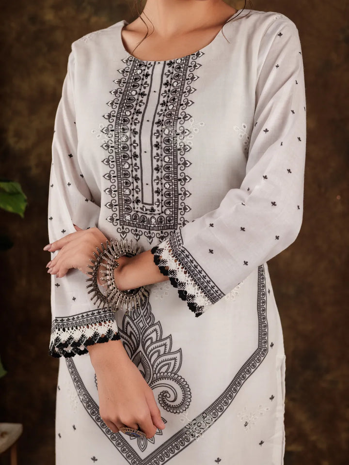 White Cotton Paisley Straight Kurta Dupatta Pant Set-Yufta Store-7084SKDWHS