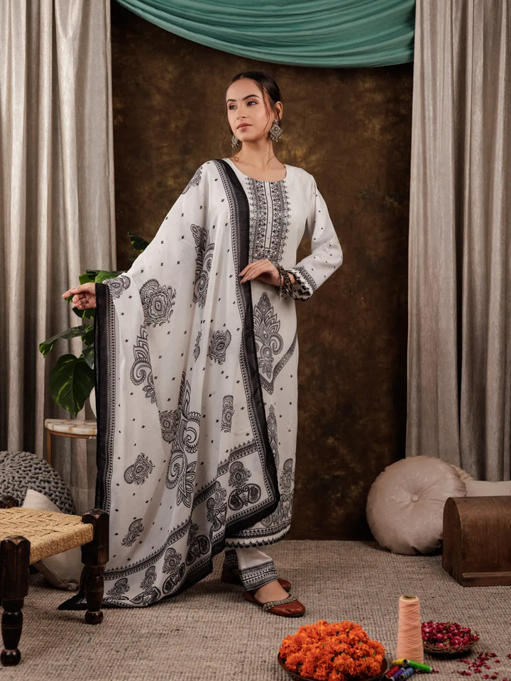 White Cotton Paisley Straight Kurta Dupatta Pant Set-Yufta Store-7084SKDWHS