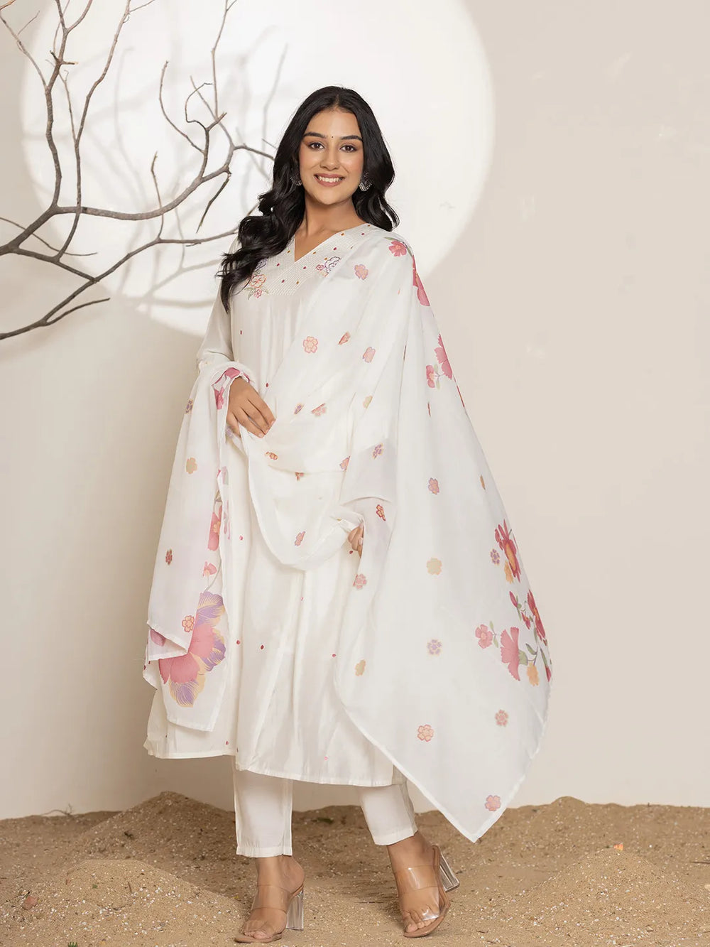 White Embroidery Silk Blend A-Line Kurta Dupatta Set-Yufta Store-7019SKDWHS