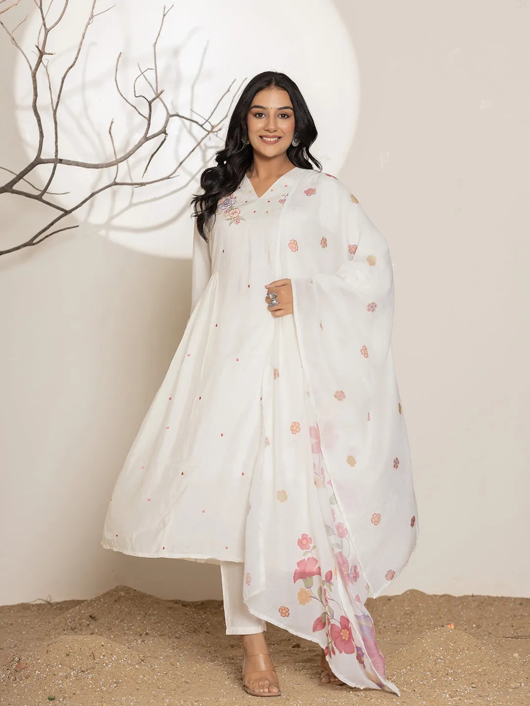 White Embroidery Silk Blend A-Line Kurta Dupatta Set-Yufta Store-7019SKDWHS