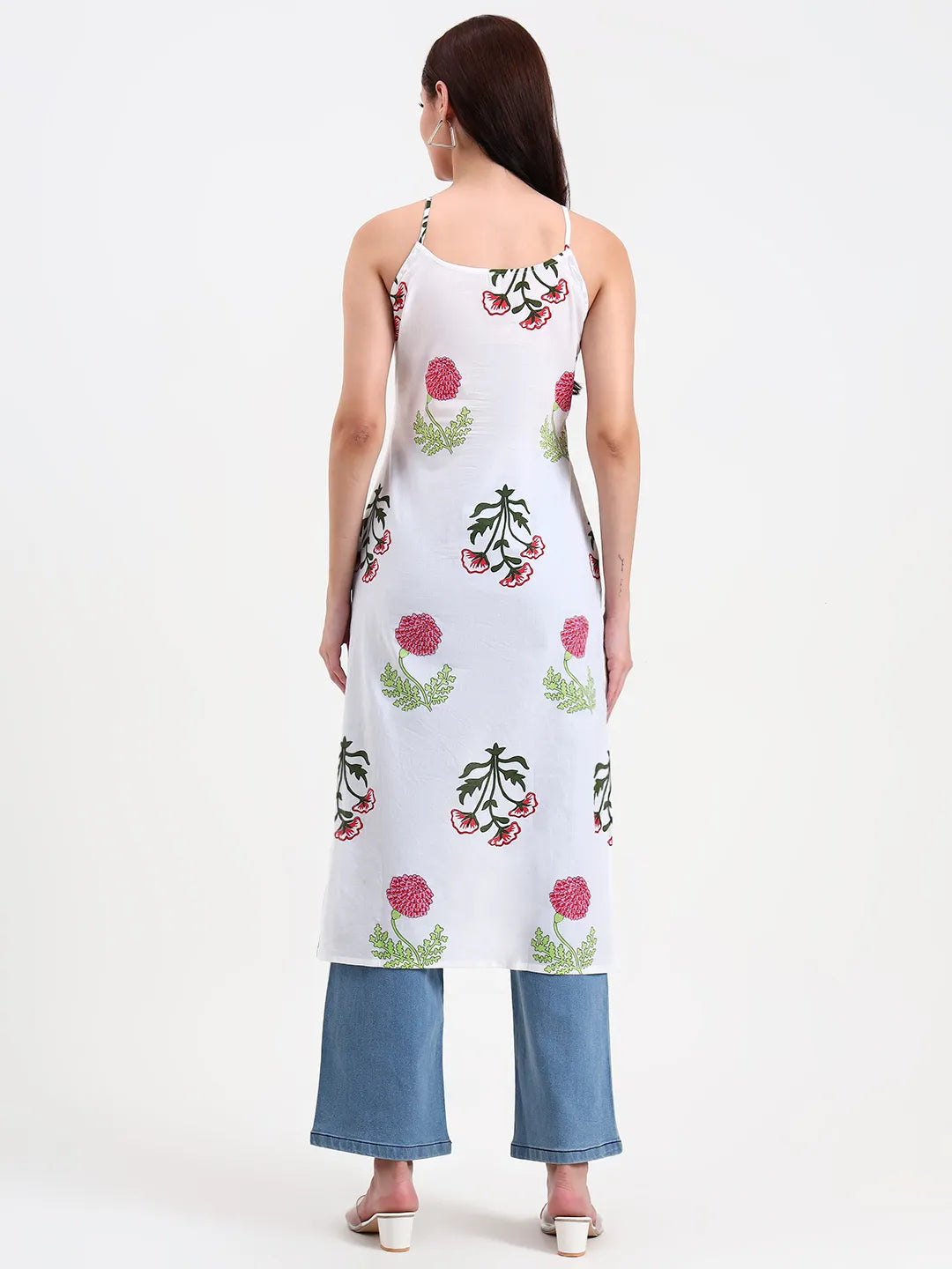 White Floral Block Print Cotton Straight Kurta-Yufta Store-6399KURWHS