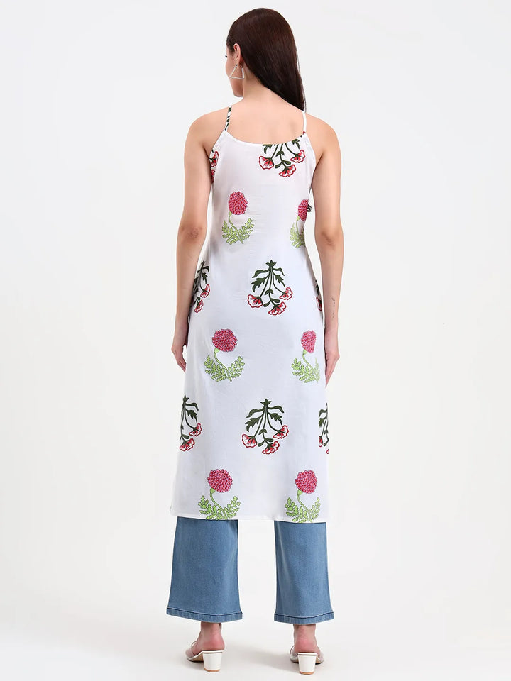 White Floral Block Print Cotton Straight Kurta-Yufta Store-6399KURWHS