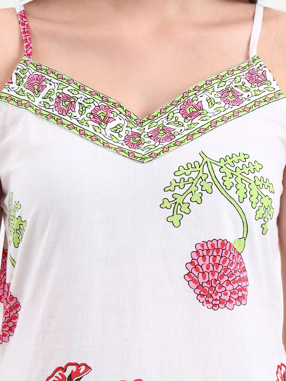 White Floral Block Print Cotton Straight Kurta-Yufta Store-6399KURWHS