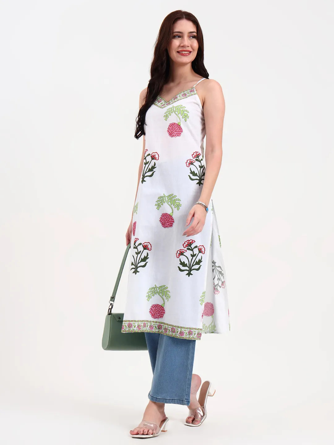 White Floral Block Print Cotton Straight Kurta-Yufta Store-6399KURWHS