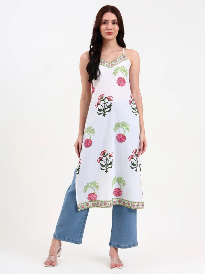 White Floral Block Print Cotton Straight Kurta-Yufta Store-6399KURWHS