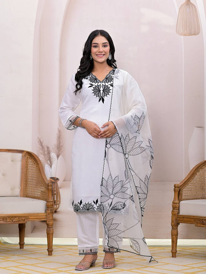 White Floral Embroidered Straight Kurta Trousers & Dupatta-Yufta Store-6990SKDWHS