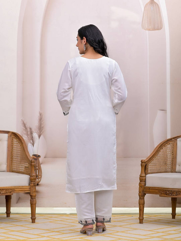 White Floral Embroidered Straight Kurta Trousers & Dupatta-Yufta Store-6990SKDWHS