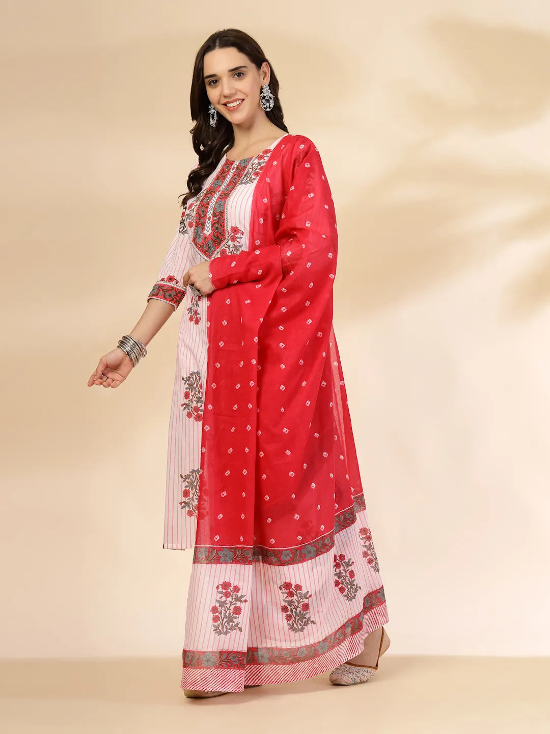 White Floral Print Cotton Sequins Work Kurta Set With Pant Dupatta