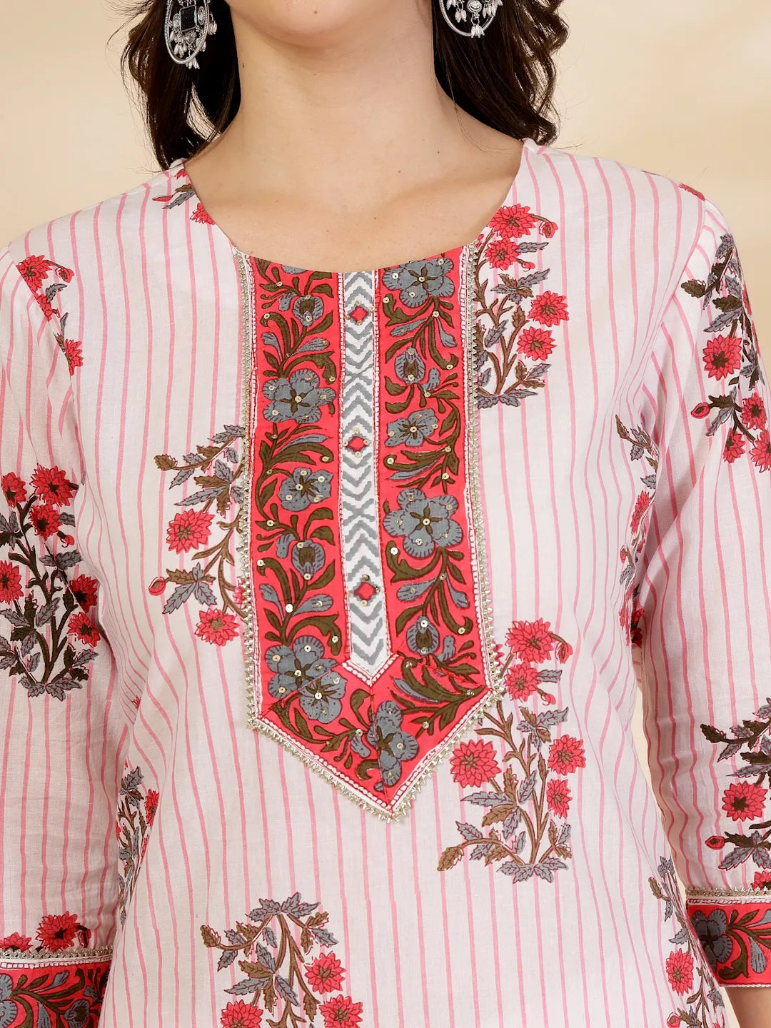 White Floral Print Cotton Sequins Work Kurta Set With Pant Dupatta