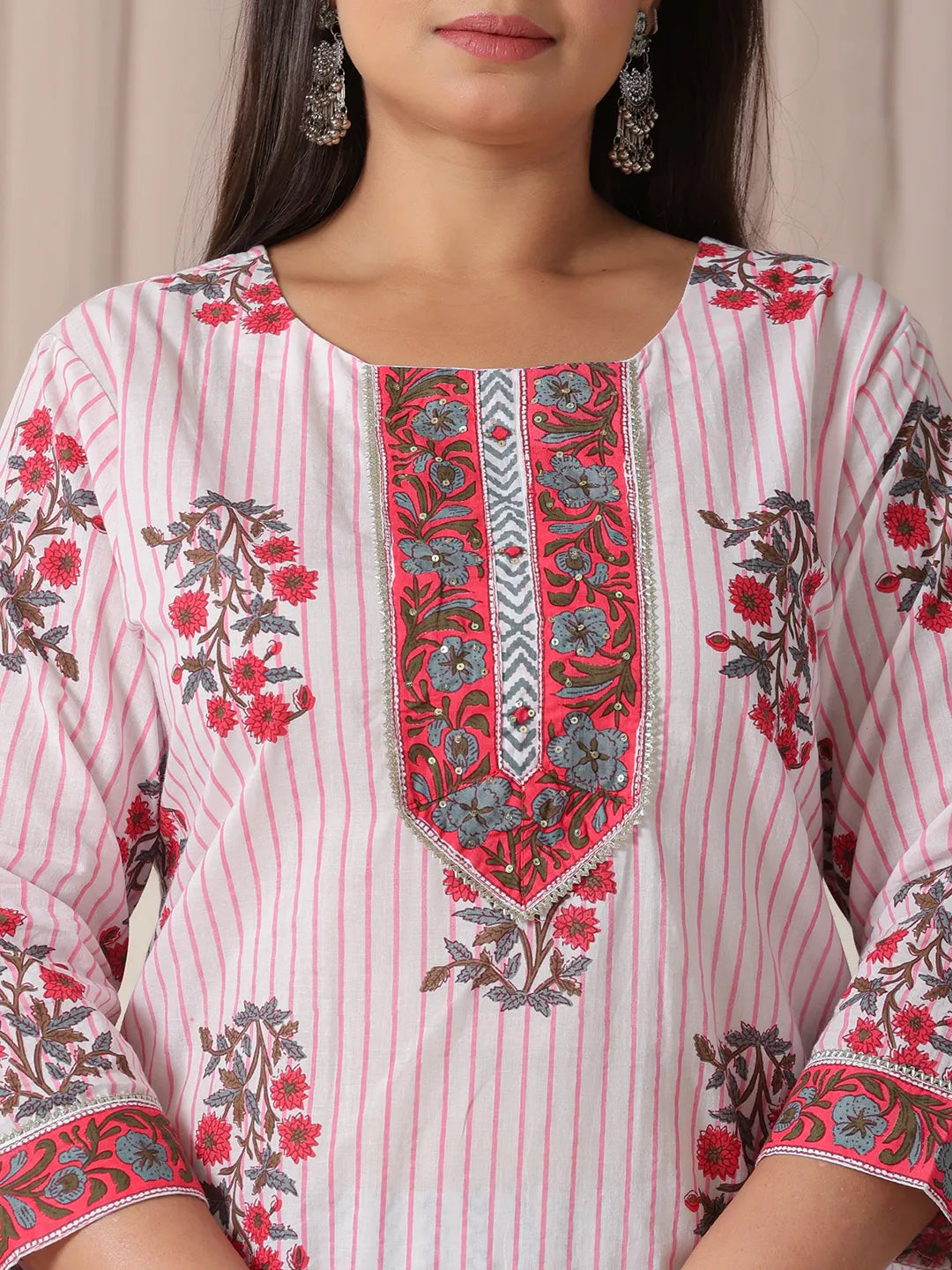 White Floral Print Cotton Sequins Work Plus Size Kurta Set With Pant Dupatta-Yufta Store-6152PSKDWH3XL