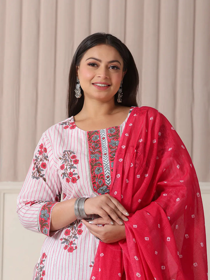 White Floral Print Cotton Sequins Work Plus Size Kurta Set With Pant Dupatta-Yufta Store-6152PSKDWH3XL