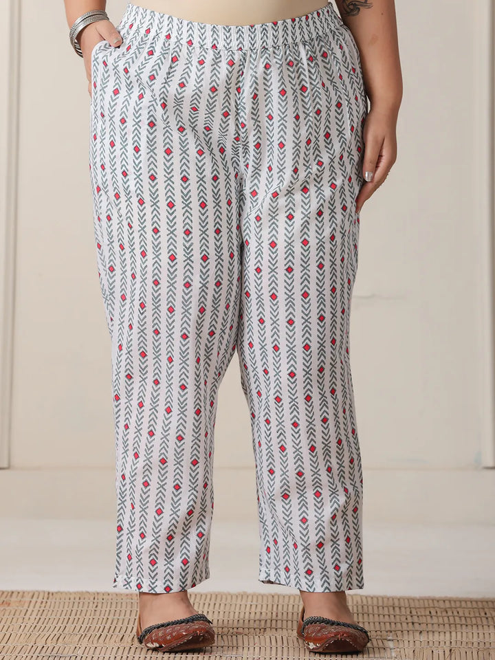 White Floral Print Cotton Sequins Work Plus Size Kurta Set With Pant Dupatta-Yufta Store-6152PSKDWH3XL