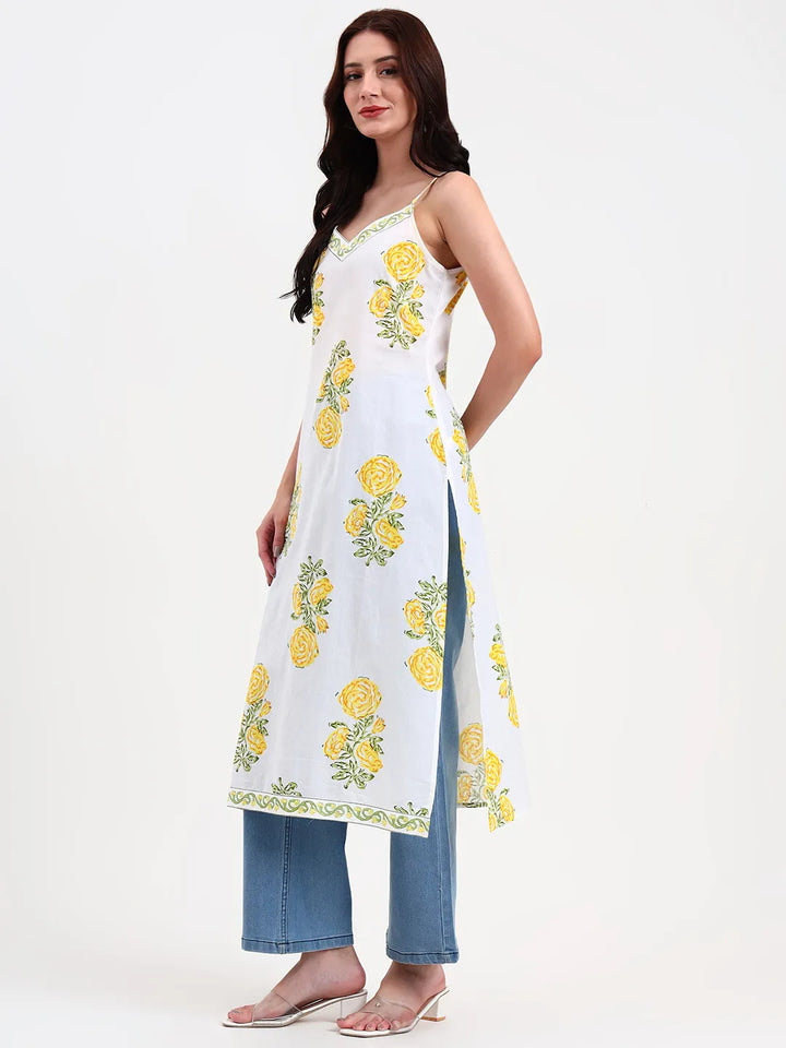 White Floral Print Cotton Straight Kurta-Yufta Store-6400KURWHS