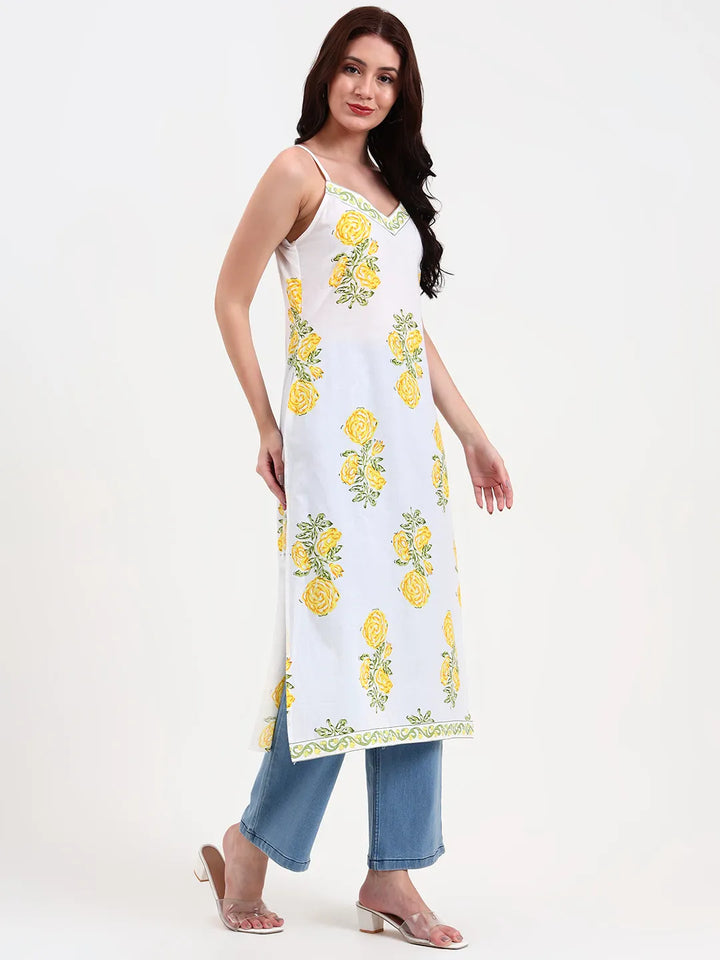 White Floral Print Cotton Straight Kurta-Yufta Store-6400KURWHS