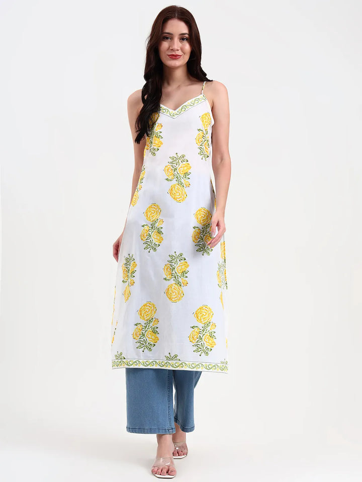 White Floral Print Cotton Straight Kurta-Yufta Store-6400KURWHS