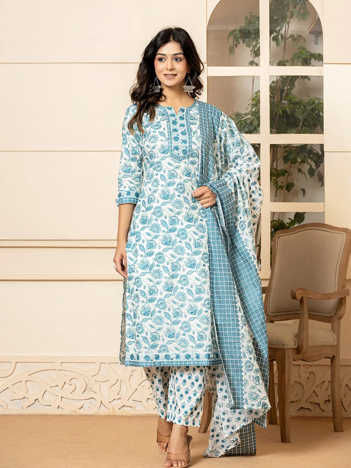 White Printed Cotton Kurta Dupatta Set-Yufta Store-6836SKDWHS