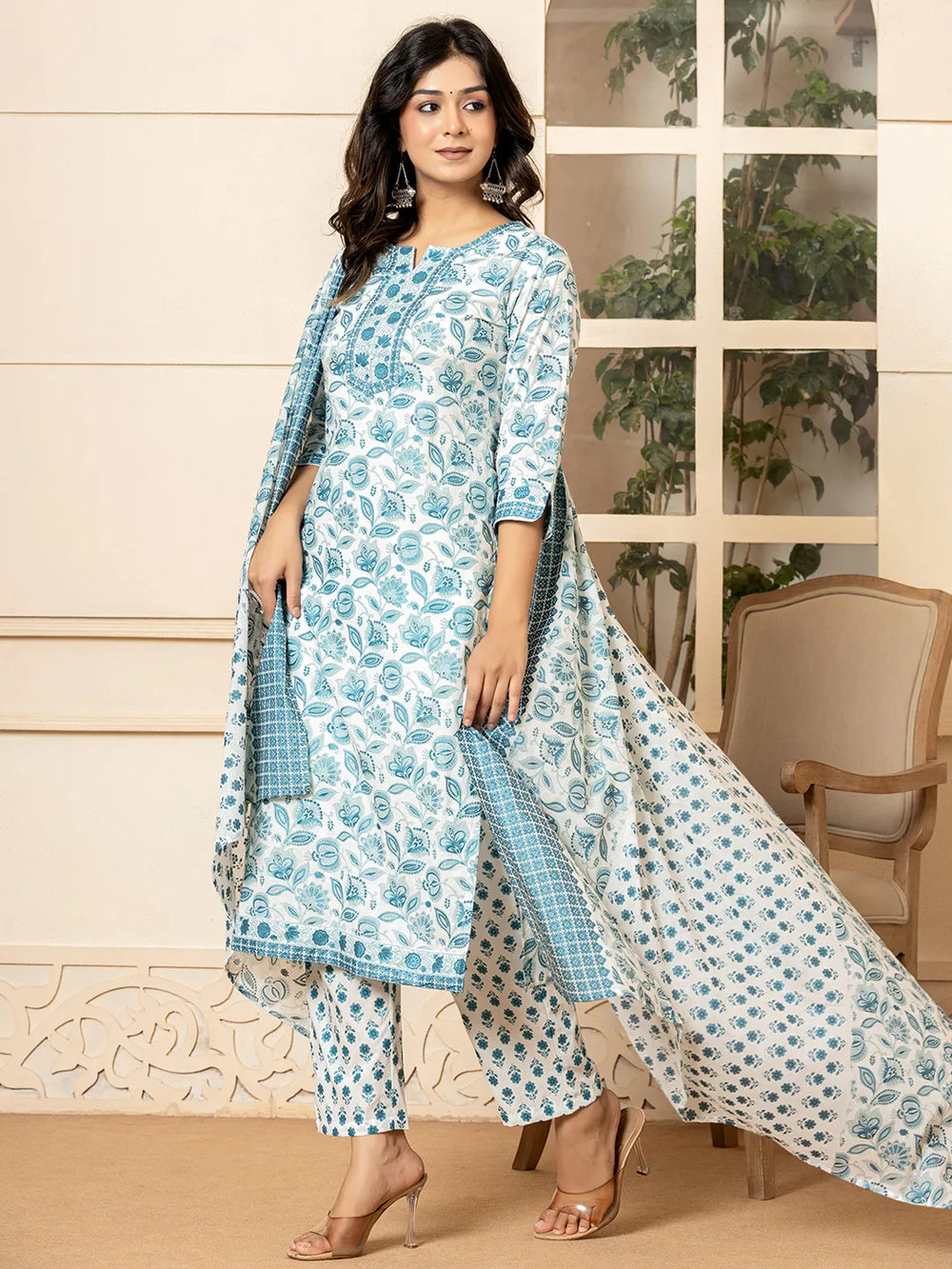 White Printed Cotton Kurta Dupatta Set-Yufta Store-6836SKDWHS