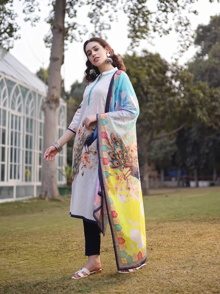 White Pure Cotton Ethnic Motifs Pakistani Style Kurta Trouser Dupatta Set-Yufta Store-6578SKDWHM