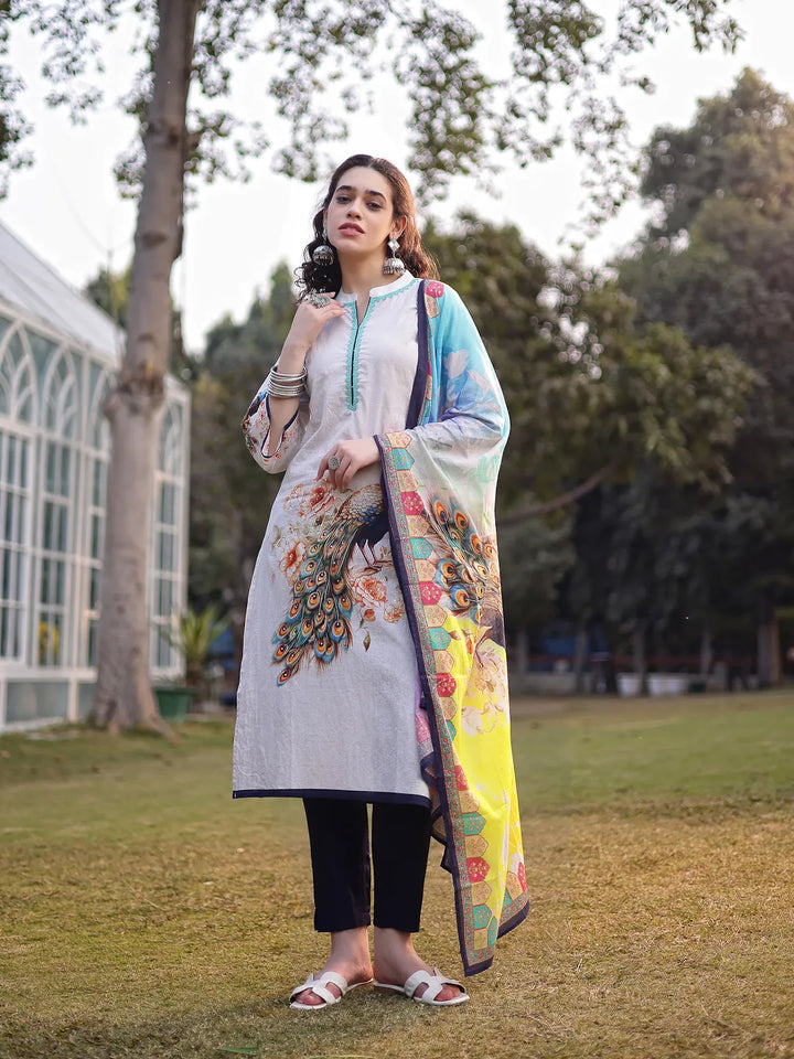 White Pure Cotton Ethnic Motifs Pakistani Style Kurta Trouser Dupatta Set-Yufta Store-6578SKDWHM