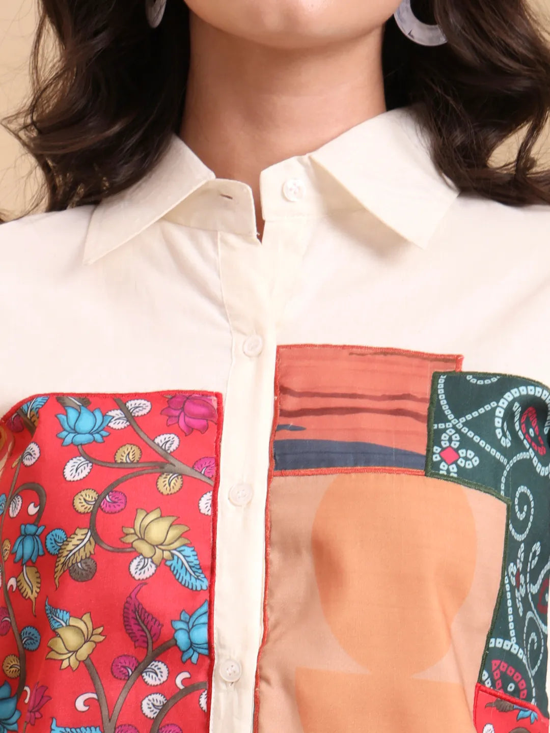 White Pure Cotton Patchwork Shirt Style Top With Lining