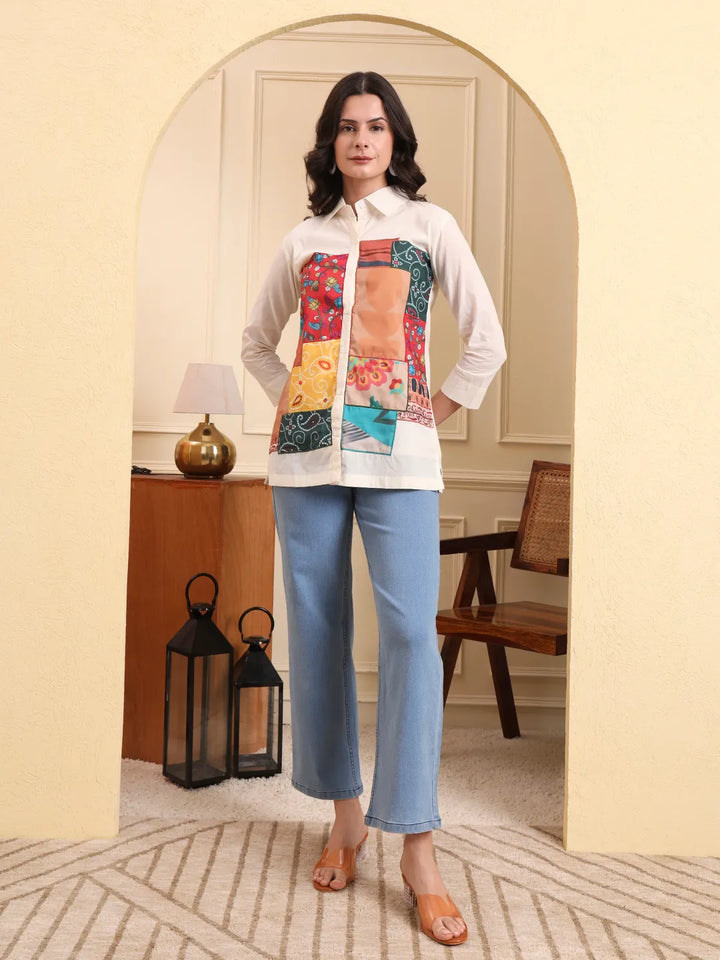 White Pure Cotton Patchwork Shirt Style Top With Lining