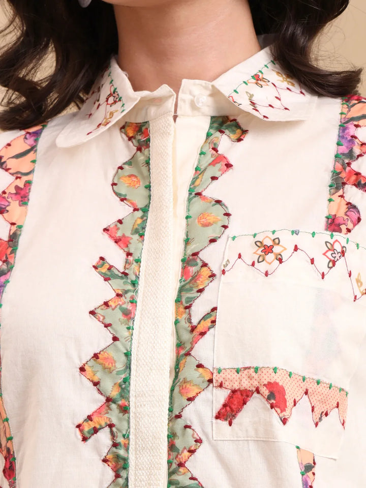 White Pure Cotton Patchwork Shirt Top