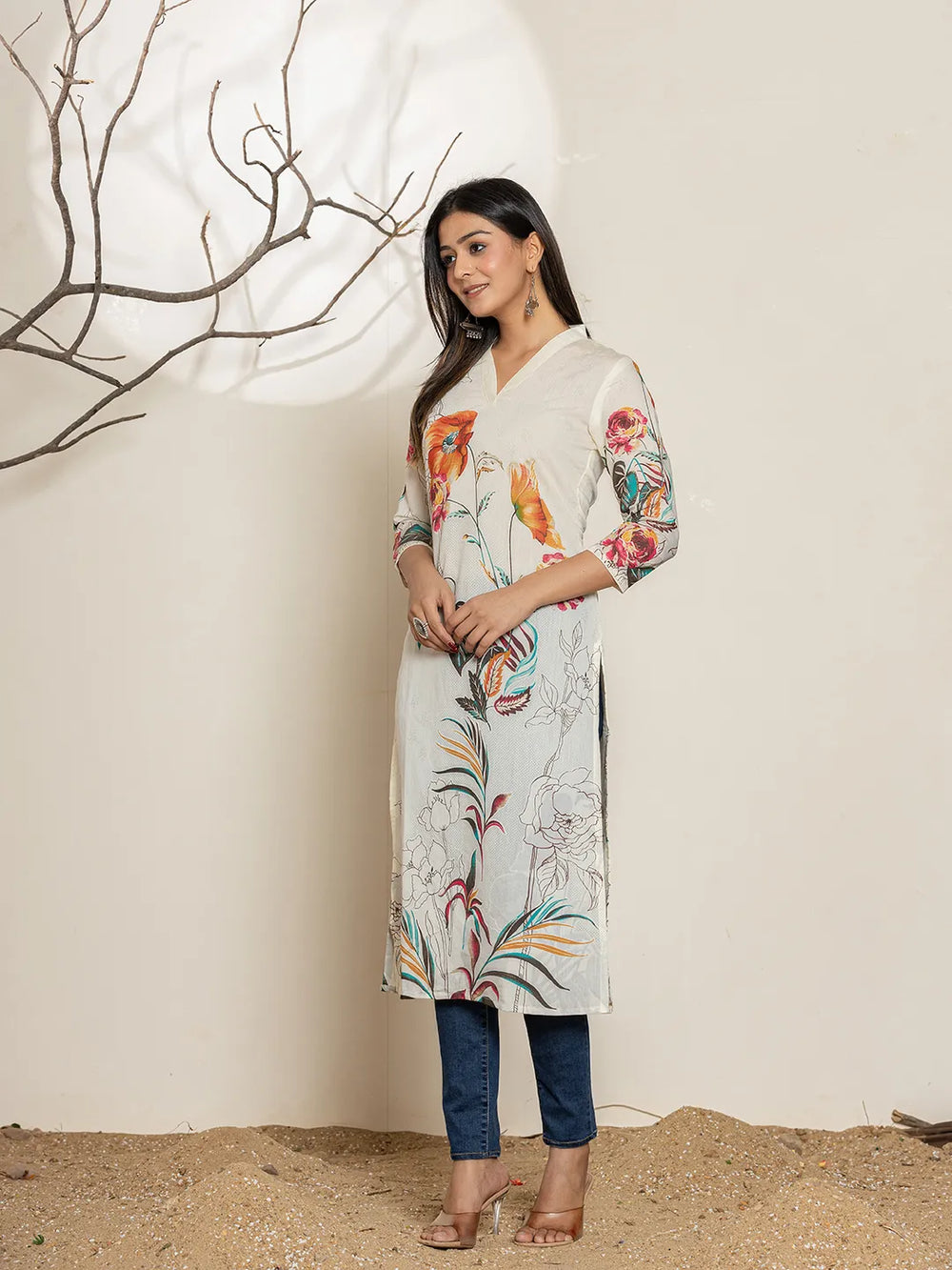 White Silk Blend Digital Floral Print Kurta-Yufta Store-6999KURWHS