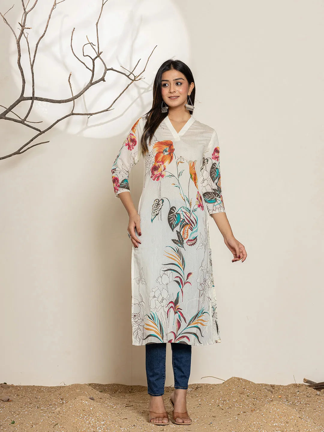 White Silk Blend Digital Floral Print Kurta-Yufta Store-6999KURWHS