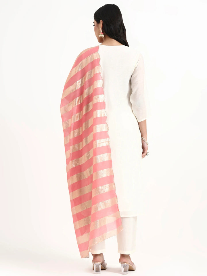 White Solid Straight Style Chanderi Silk Lining Kurta Trouser Dupatta Set